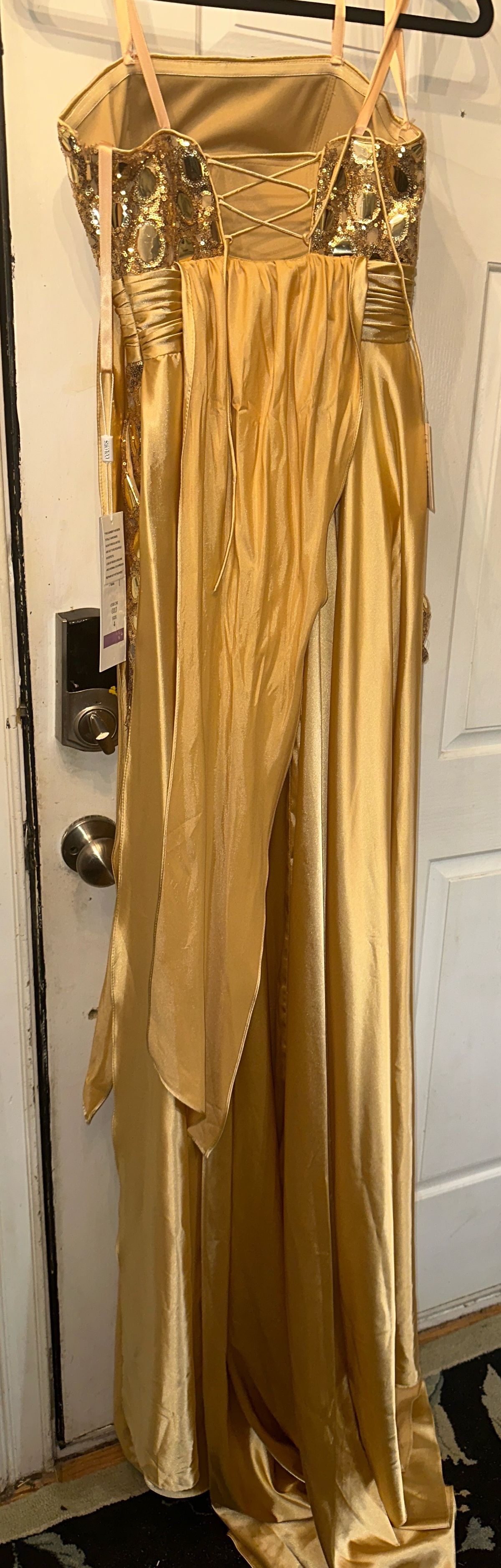 Size 4 Prom Plunge Sheer Gold Formal Jumpsuit on Queenly