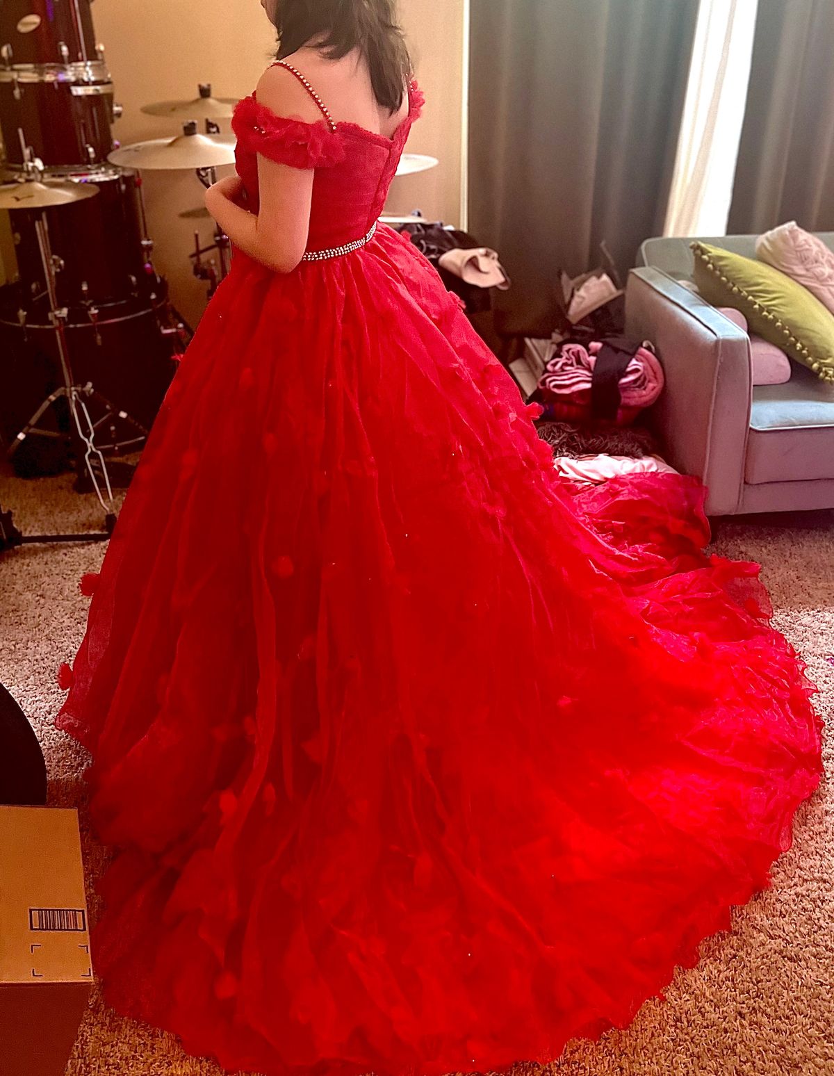 One more couture Size 4 Prom Off The Shoulder Red Ball Gown on Queenly