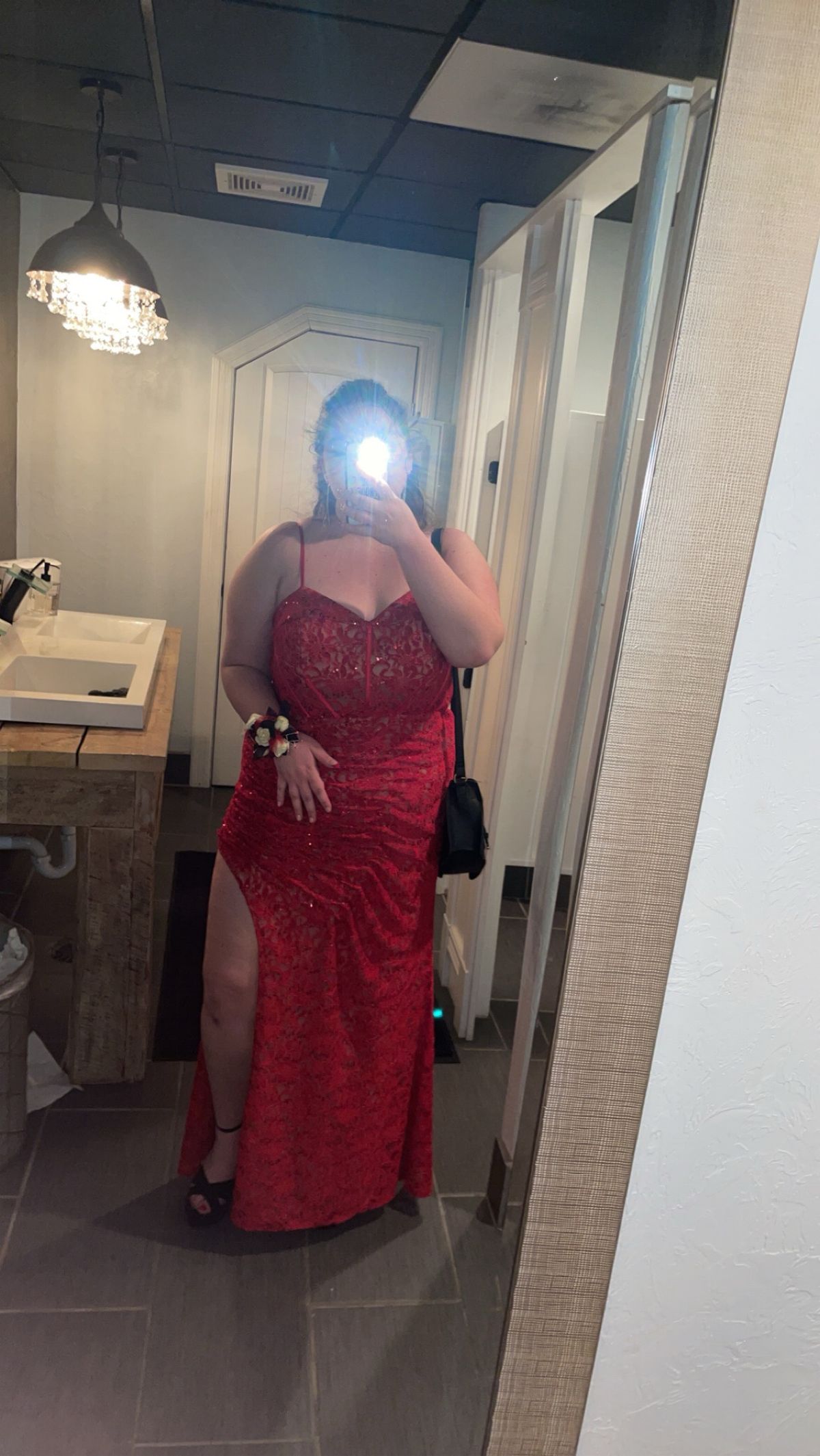 Plus Size 20 Prom Plunge Lace Red Side Slit Dress on Queenly