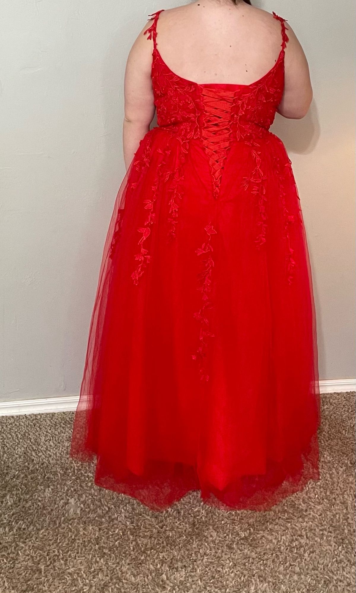 Plus Size 20 Prom Plunge Lace Red Ball Gown on Queenly