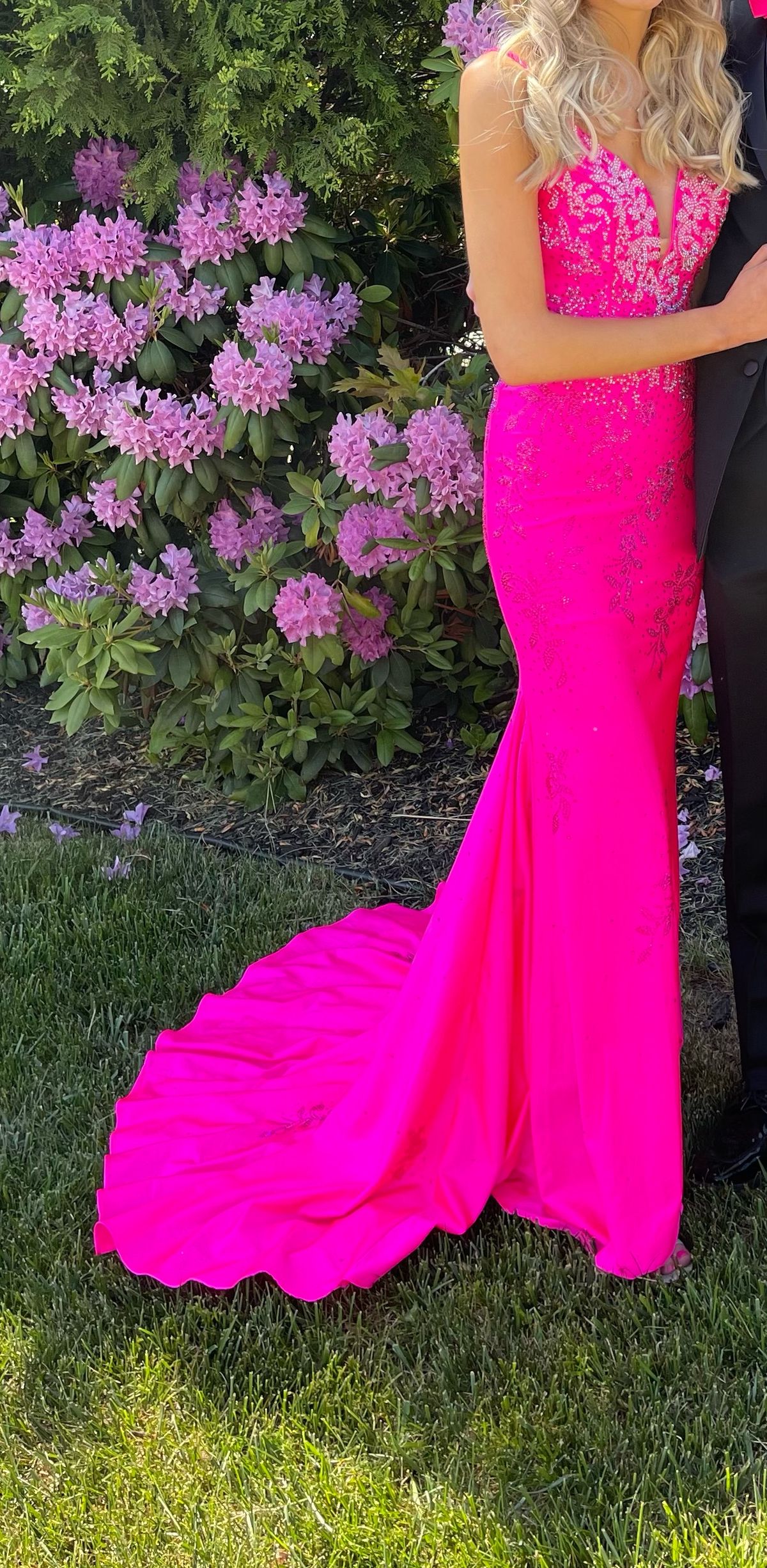Amarra Size 00 Prom Plunge Sequined Hot Pink Mermaid Dress on Queenly
