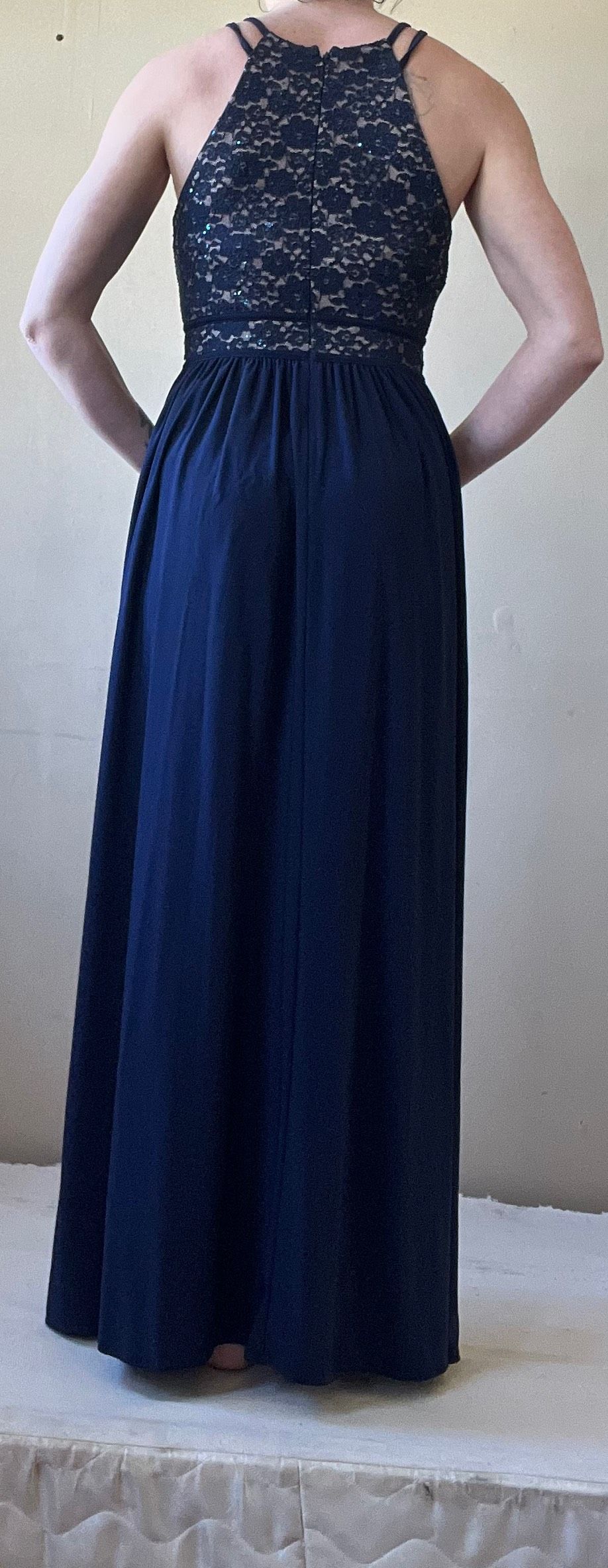 Nightway Size 6 Bridesmaid High Neck Lace Blue Floor Length Maxi on Queenly