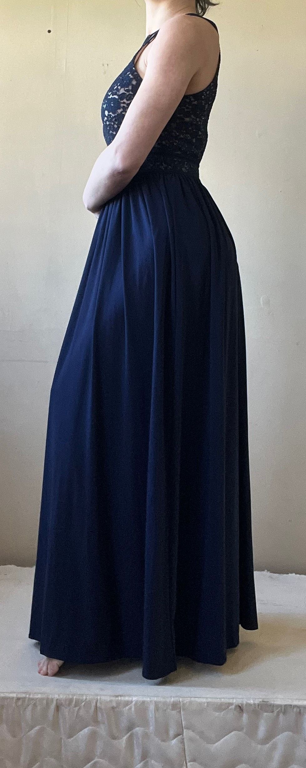 Nightway Size 6 Bridesmaid High Neck Lace Blue Floor Length Maxi on Queenly