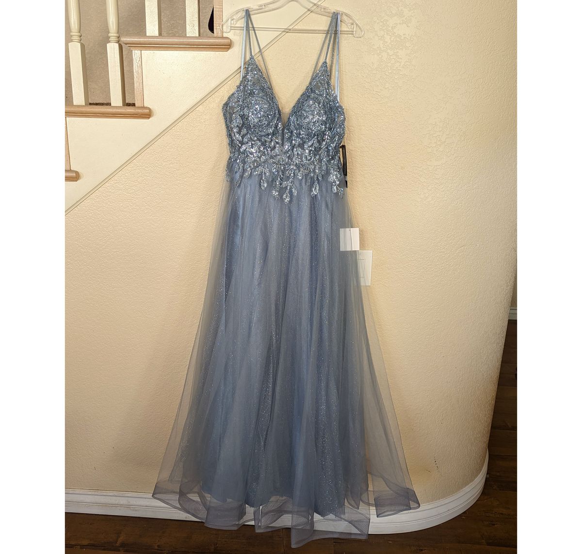 Style Smoky Blue Sleeveless Sequined Sparkle Tulle Formal Prom Ball Gown Dress Size 12 Prom Plunge Sheer Light Blue Ball Gown on Queenly