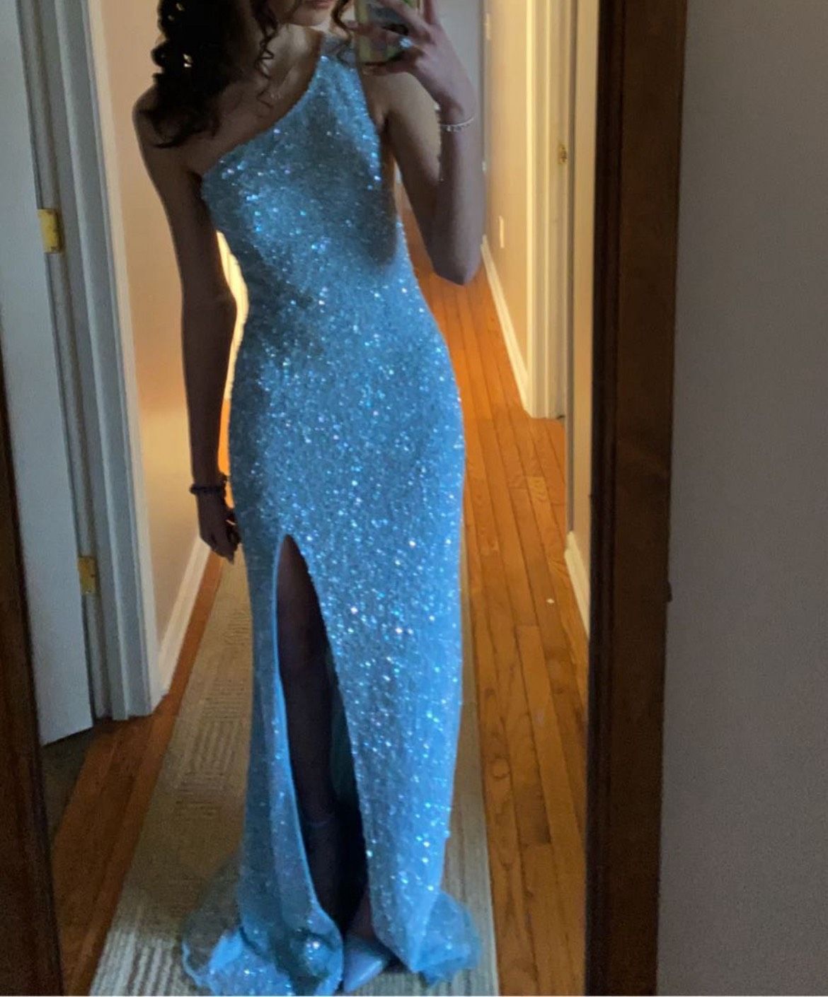 Size 2 Prom One Shoulder Blue Side Slit Dress on Queenly