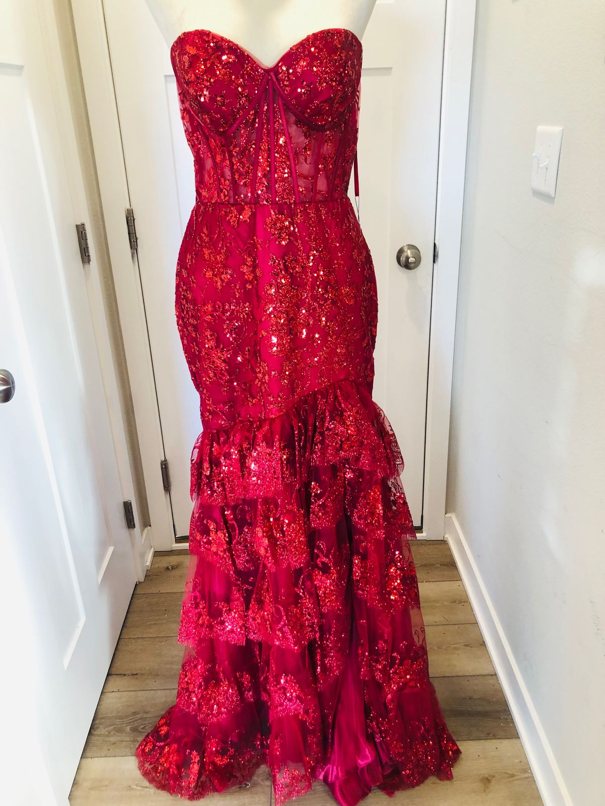 Cinderella Divine Size 14 Prom Strapless Lace Burgundy Red Mermaid Dress on Queenly