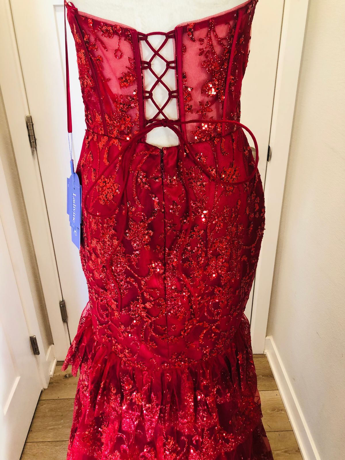 Cinderella Divine Size 14 Prom Strapless Lace Burgundy Red Mermaid Dress on Queenly