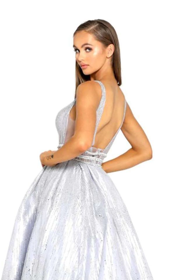 Style PS1998 Portia and Scarlett Size 10 Prom Plunge Sequined Silver Ball Gown on Queenly