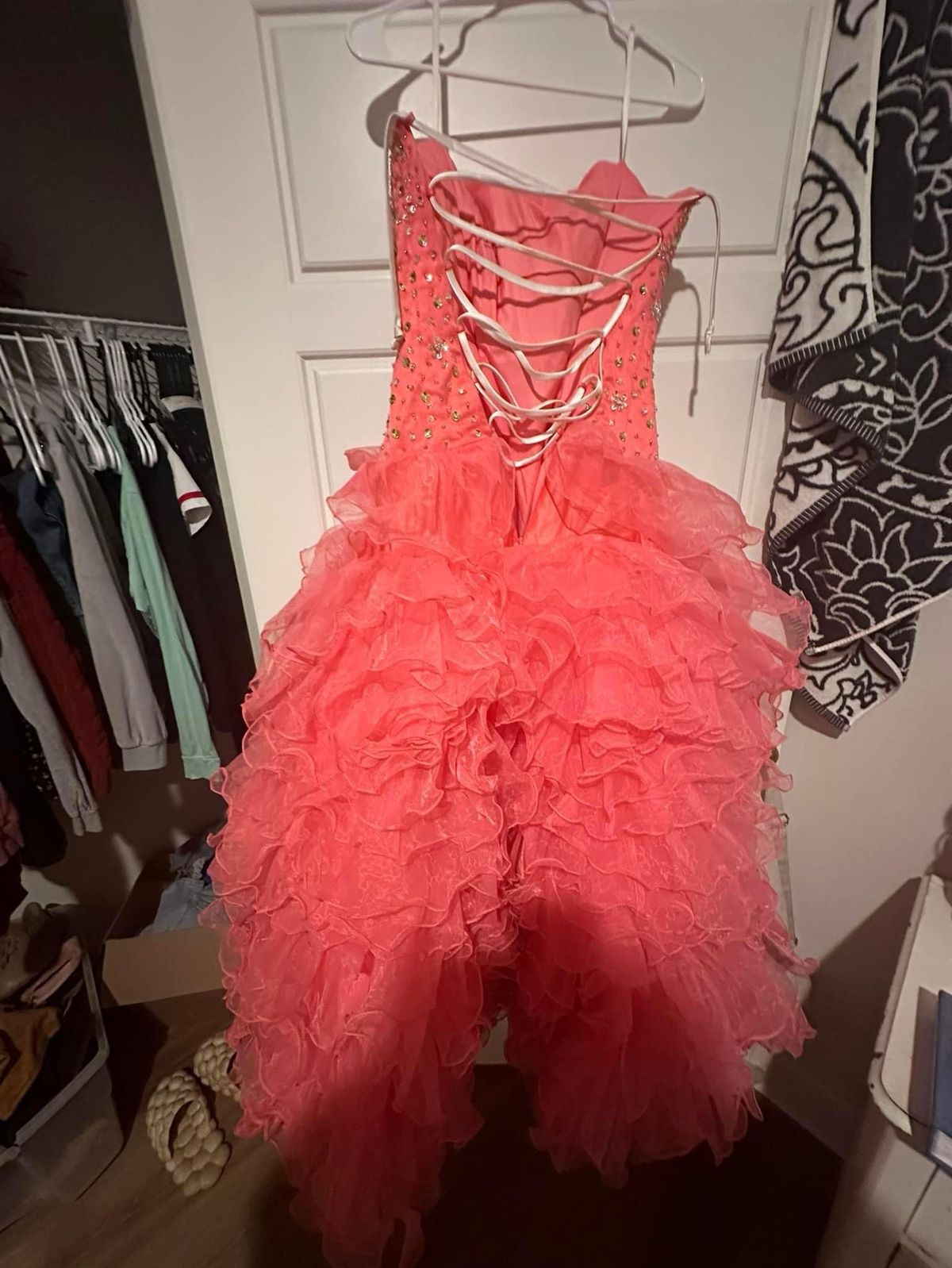 Size 0 Prom Strapless Sequined Coral Ball Gown on Queenly