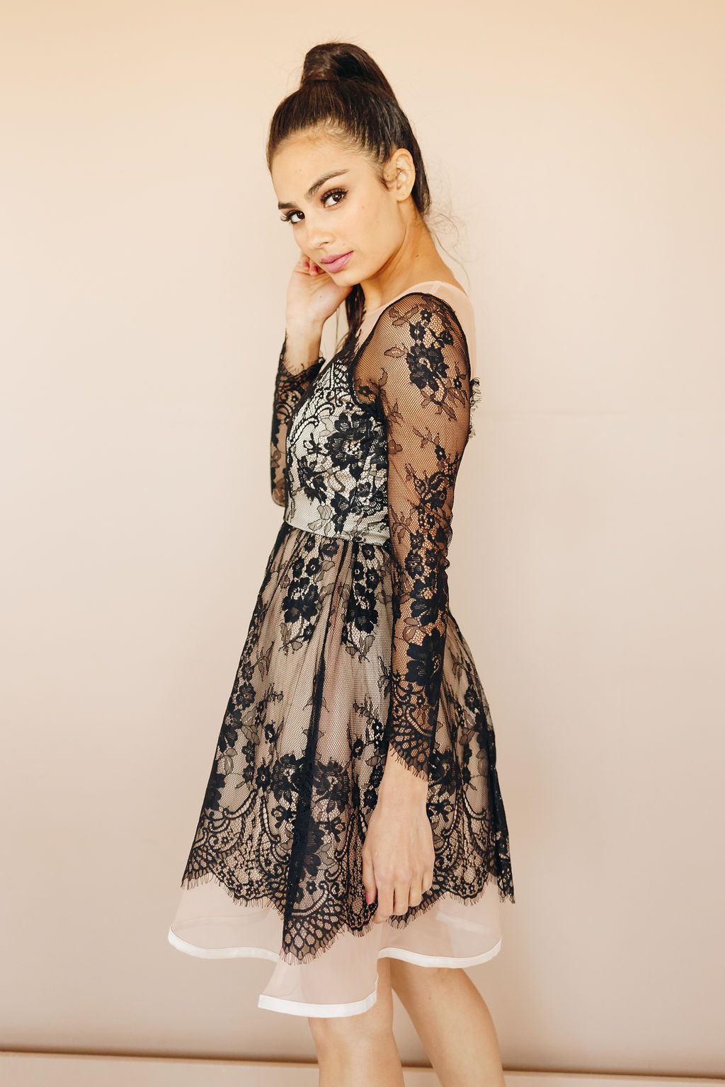 Style 8313 Minuet Size 10 Homecoming Long Sleeve Lace Black Cocktail Dress on Queenly