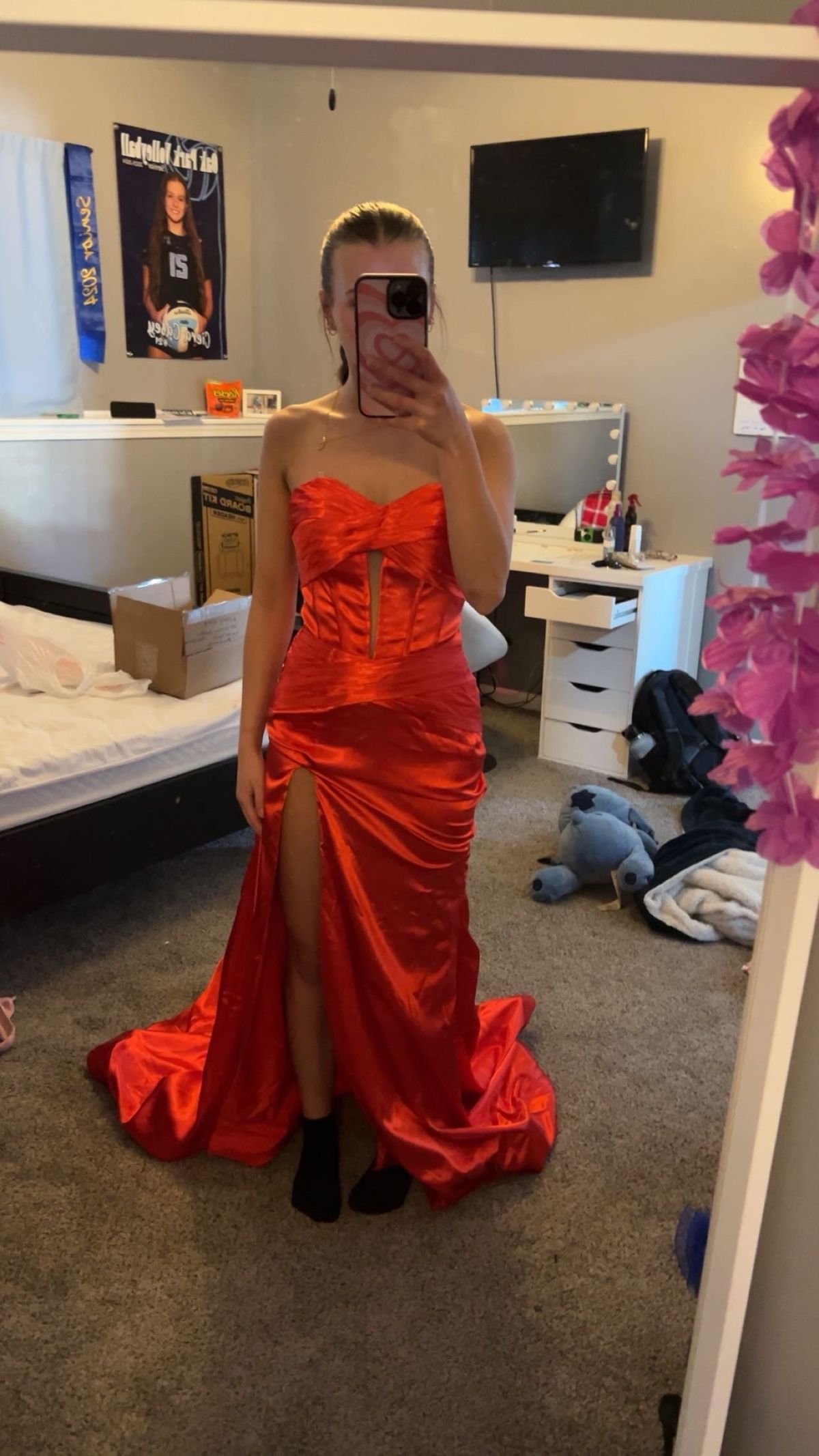 Sherri Hill Size 0 Prom Strapless Red Side Slit Dress on Queenly