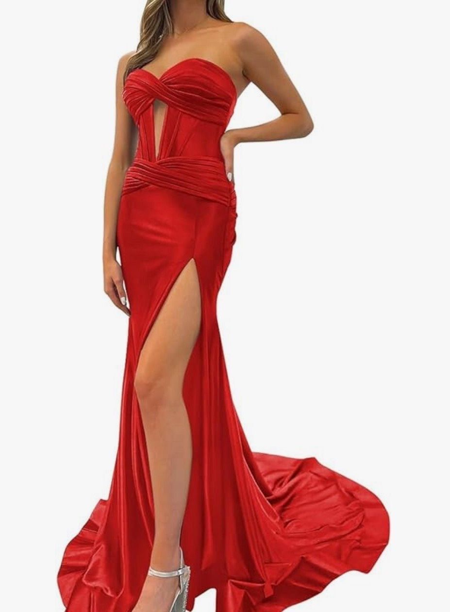 Sherri Hill Size 0 Prom Strapless Red Side Slit Dress on Queenly