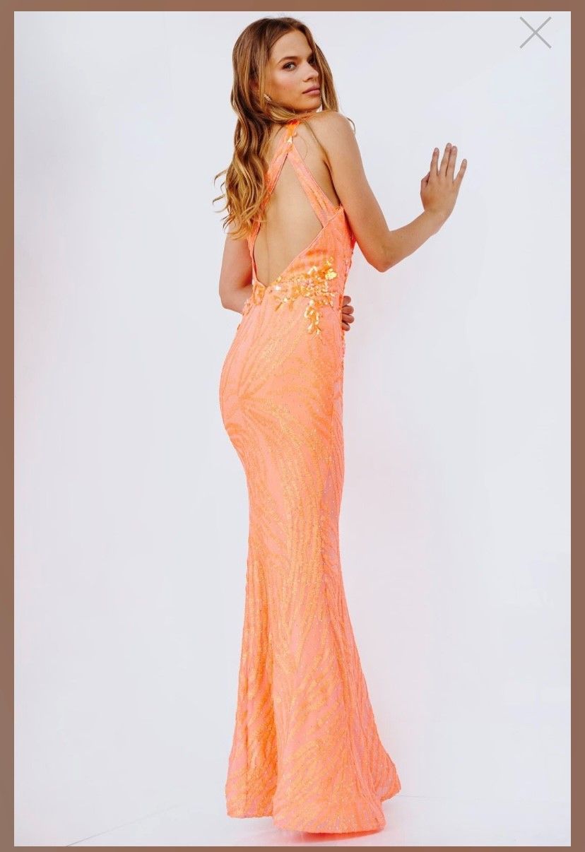 Style JVN23604 Jovani Size M Prom One Shoulder Orange Mermaid Dress on Queenly