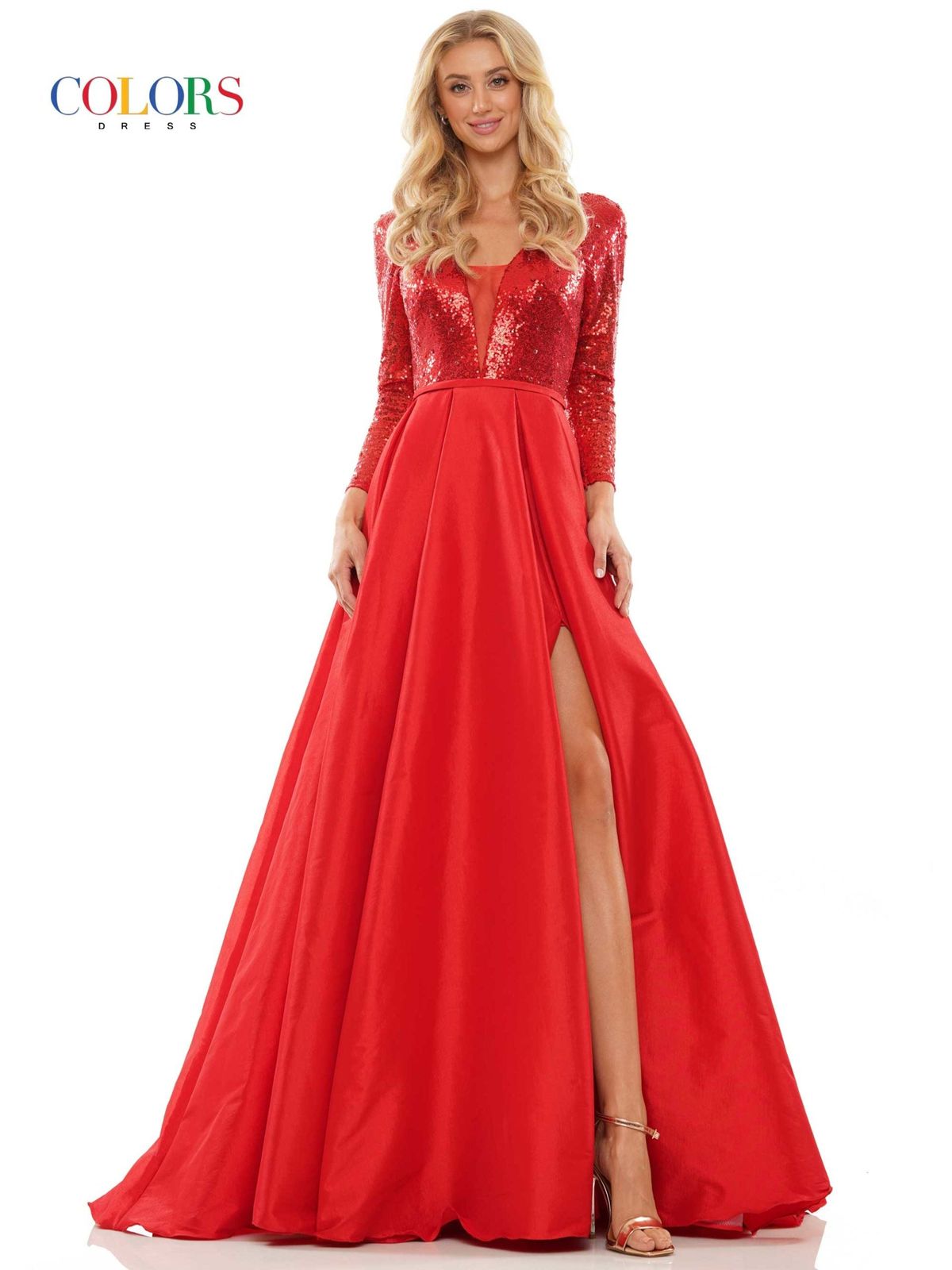 Style RYLEE_RED12_116FC Colors Size 12 Prom Long Sleeve Satin Red Ball Gown on Queenly