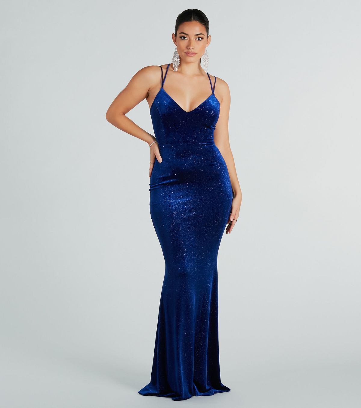 Style 05002-7629 Windsor Size M Bridesmaid Velvet Blue Mermaid Dress on Queenly
