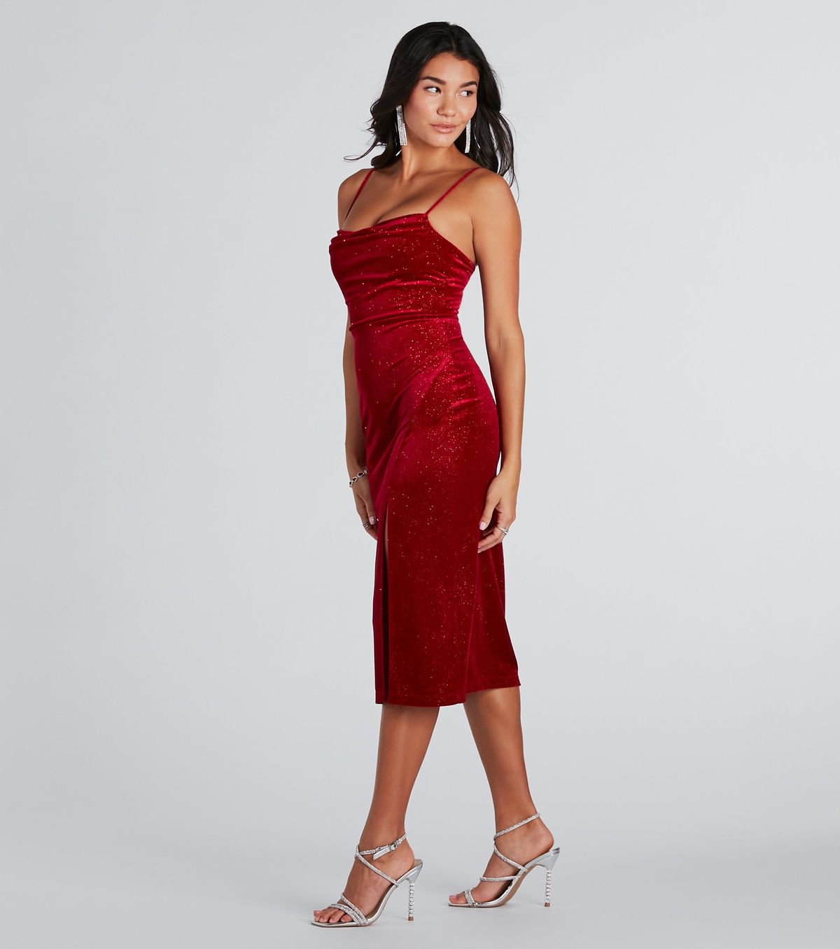 Style 05101-2895 Windsor Size S Wedding Guest Velvet Red Side Slit Dress on Queenly