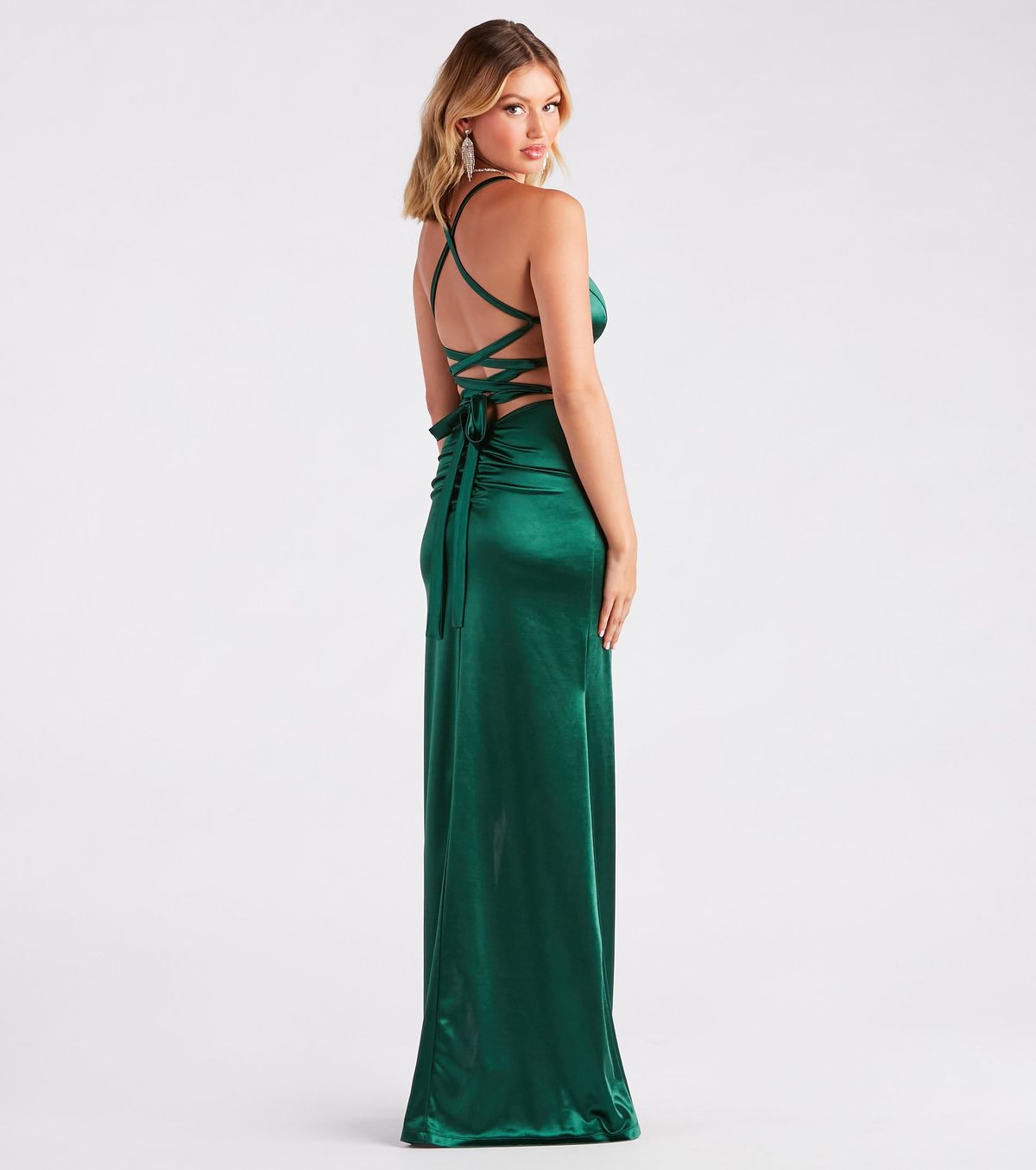 Style 05002-7243 Windsor Size L Bridesmaid Satin Green Side Slit Dress on Queenly