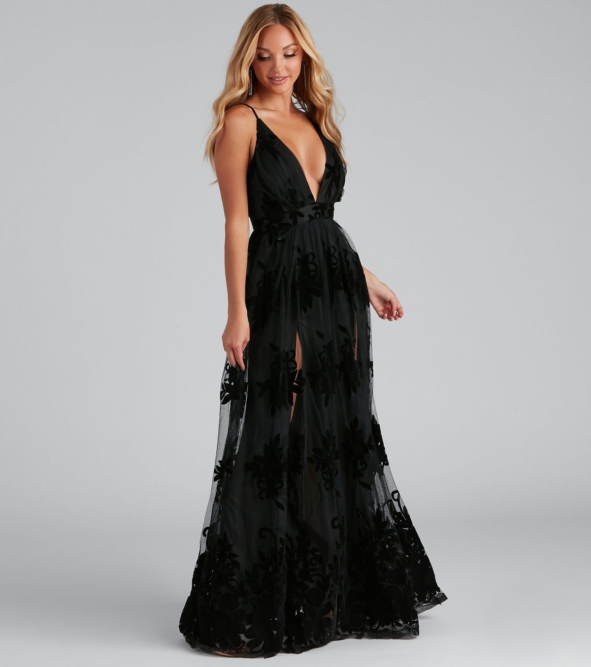 Style 05002-6274 Windsor Size S Bridesmaid Plunge Velvet Black Side Slit Dress on Queenly