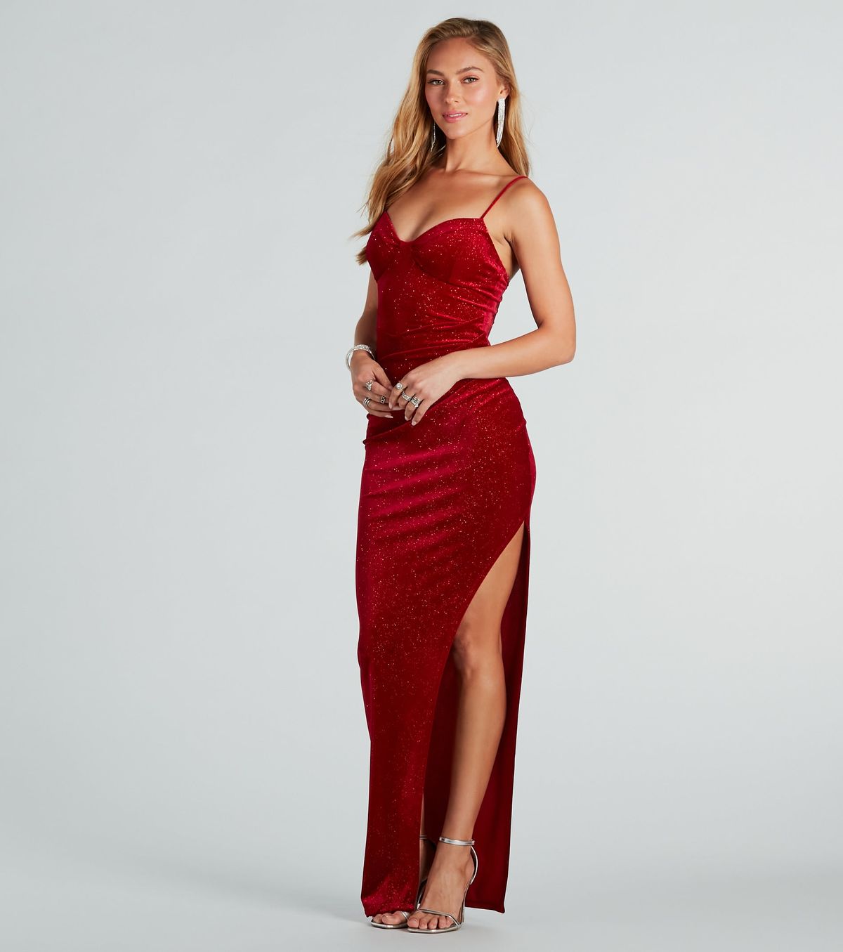 Style 05002-7633 Windsor Size M Bridesmaid Velvet Red Side Slit Dress on Queenly