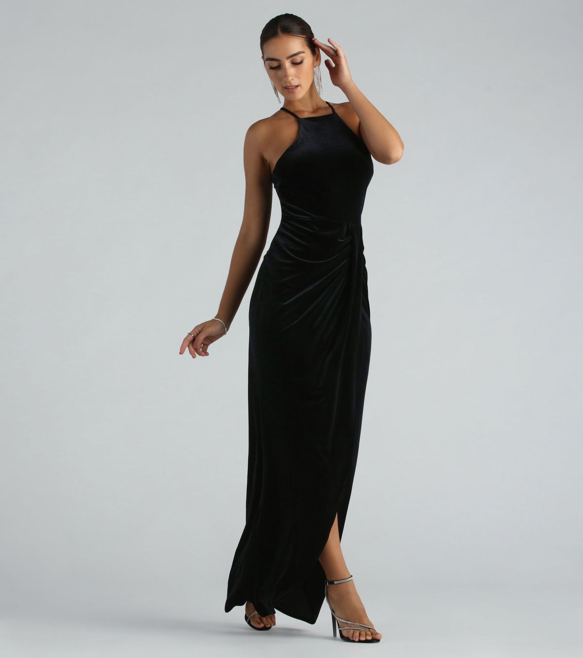 Style 05002-7619 Windsor Size S Bridesmaid High Neck Velvet Black Side Slit Dress on Queenly