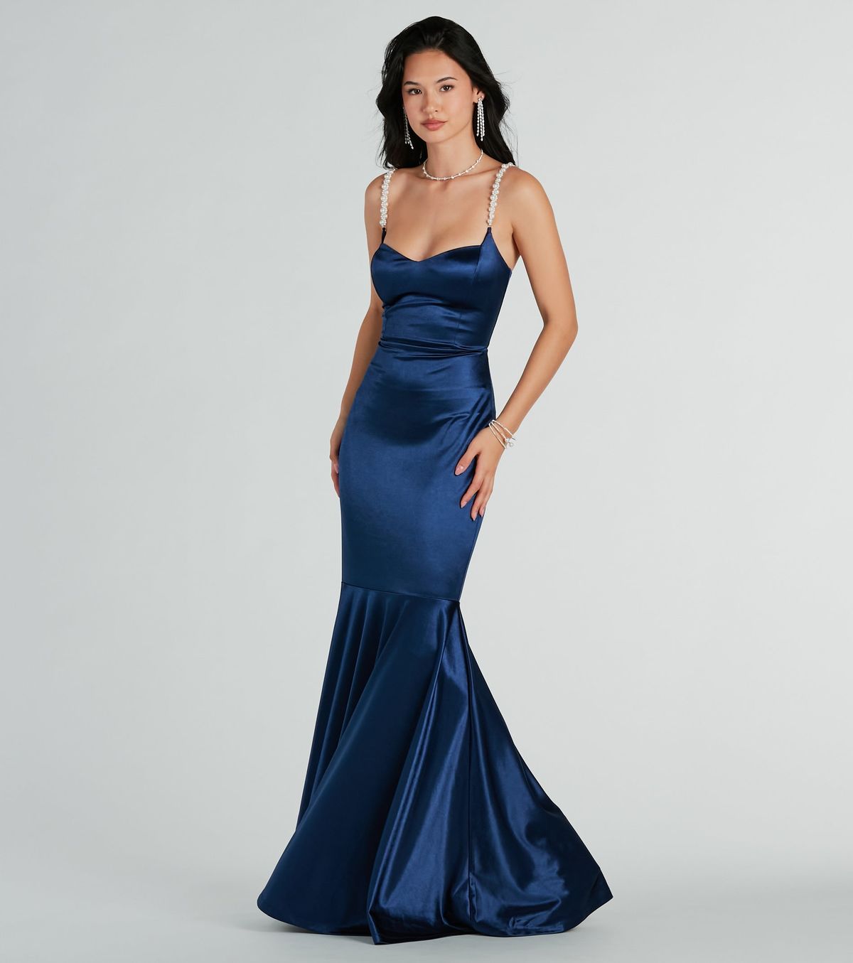 Style 05002-7864 Windsor Size M Bridesmaid Satin Blue Mermaid Dress on Queenly