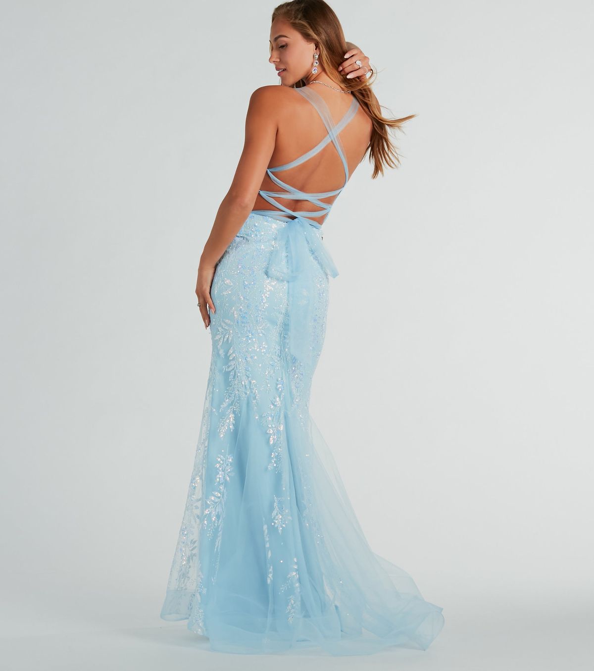 Style 05005-0127 Windsor Size 10 Prom Sheer Blue Mermaid Dress on Queenly