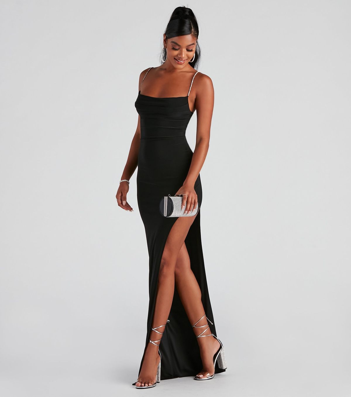 Style 05002-2450 Windsor Size XL Bridesmaid Sequined Black Side Slit Dress on Queenly
