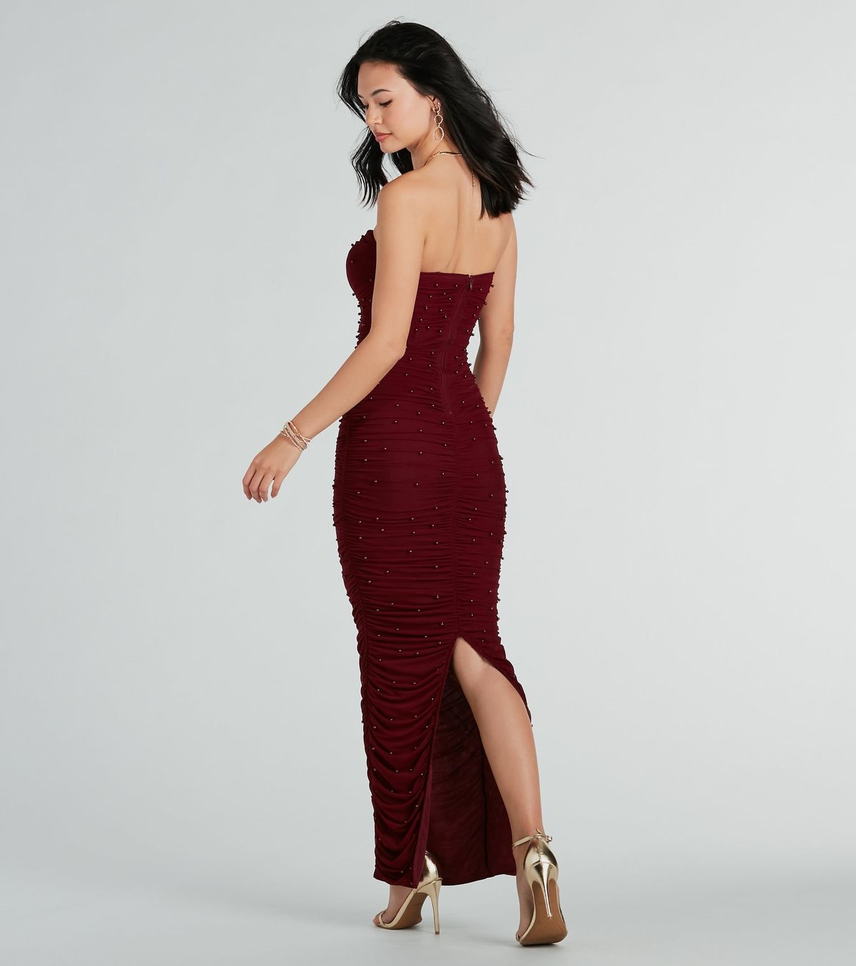 Style 05002-8448 Windsor Size XS Prom Strapless Sheer Burgundy Red Side Slit Dress on Queenly