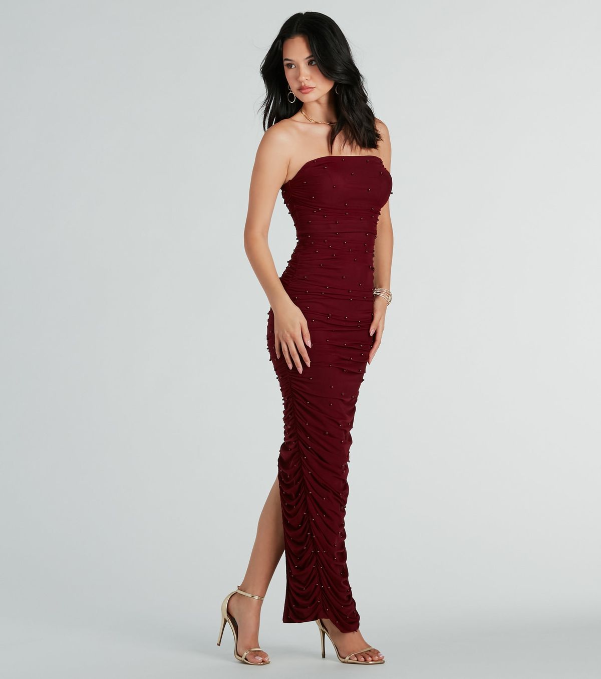 Style 05002-8448 Windsor Size XS Prom Strapless Sheer Burgundy Red Side Slit Dress on Queenly