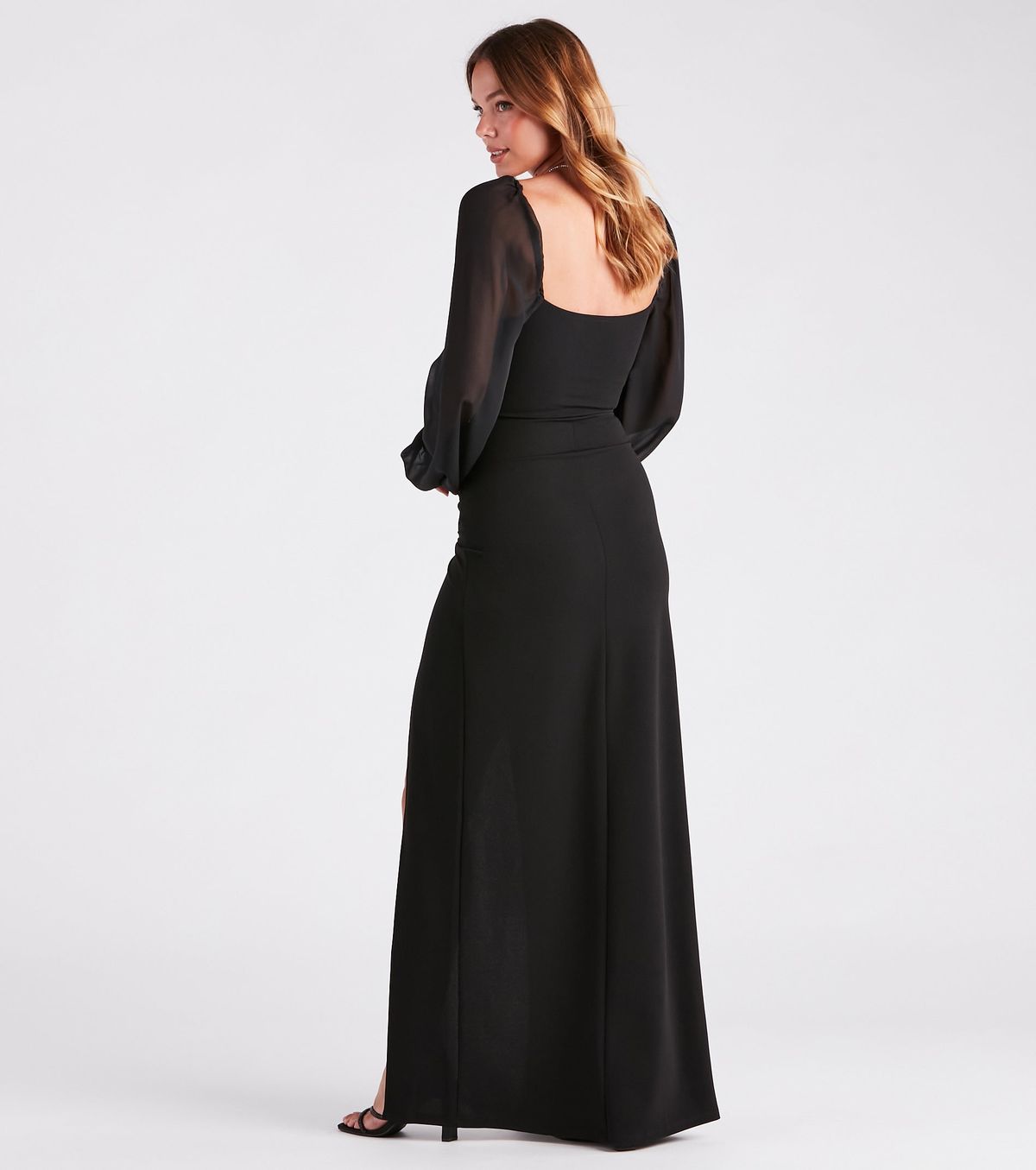 Style 05002-7580 Windsor Size S Bridesmaid Long Sleeve Sheer Black Side Slit Dress on Queenly