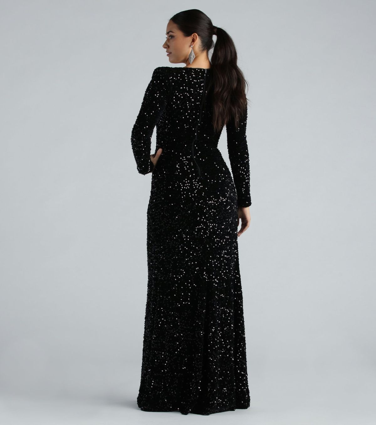Style 05002-6920 Windsor Size XS Prom Long Sleeve Velvet Black Side Slit Dress on Queenly