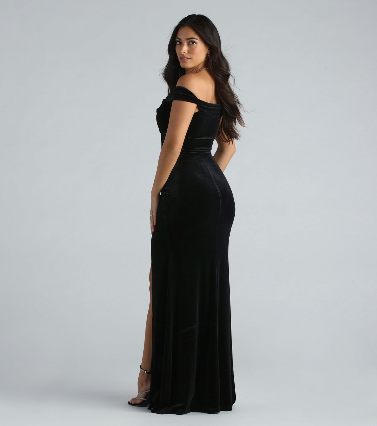 Style 05002-7595 Windsor Size S Bridesmaid Off The Shoulder Velvet Black Side Slit Dress on Queenly