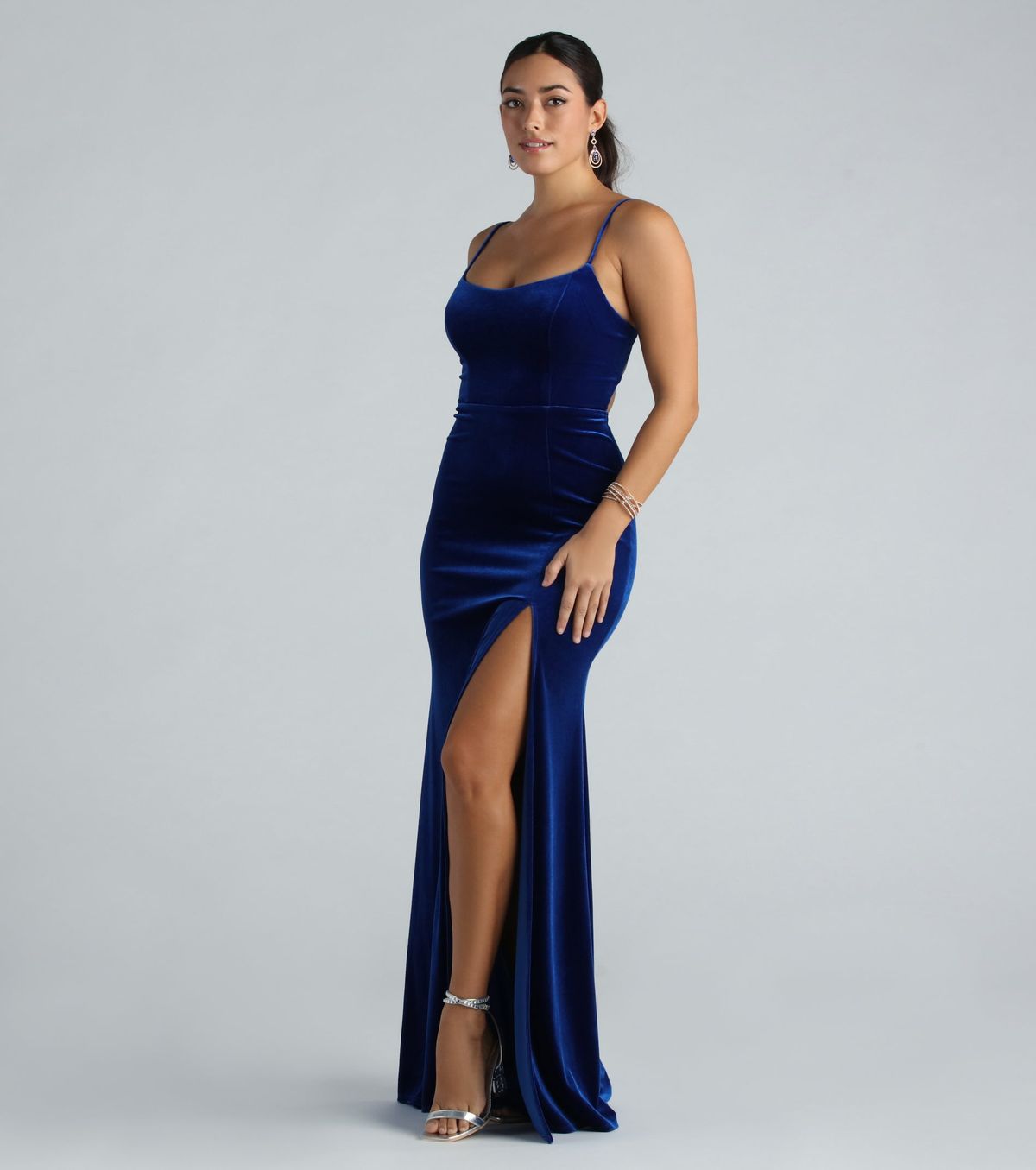 Style 05002-7523 Windsor Size L Bridesmaid Velvet Blue Side Slit Dress on Queenly