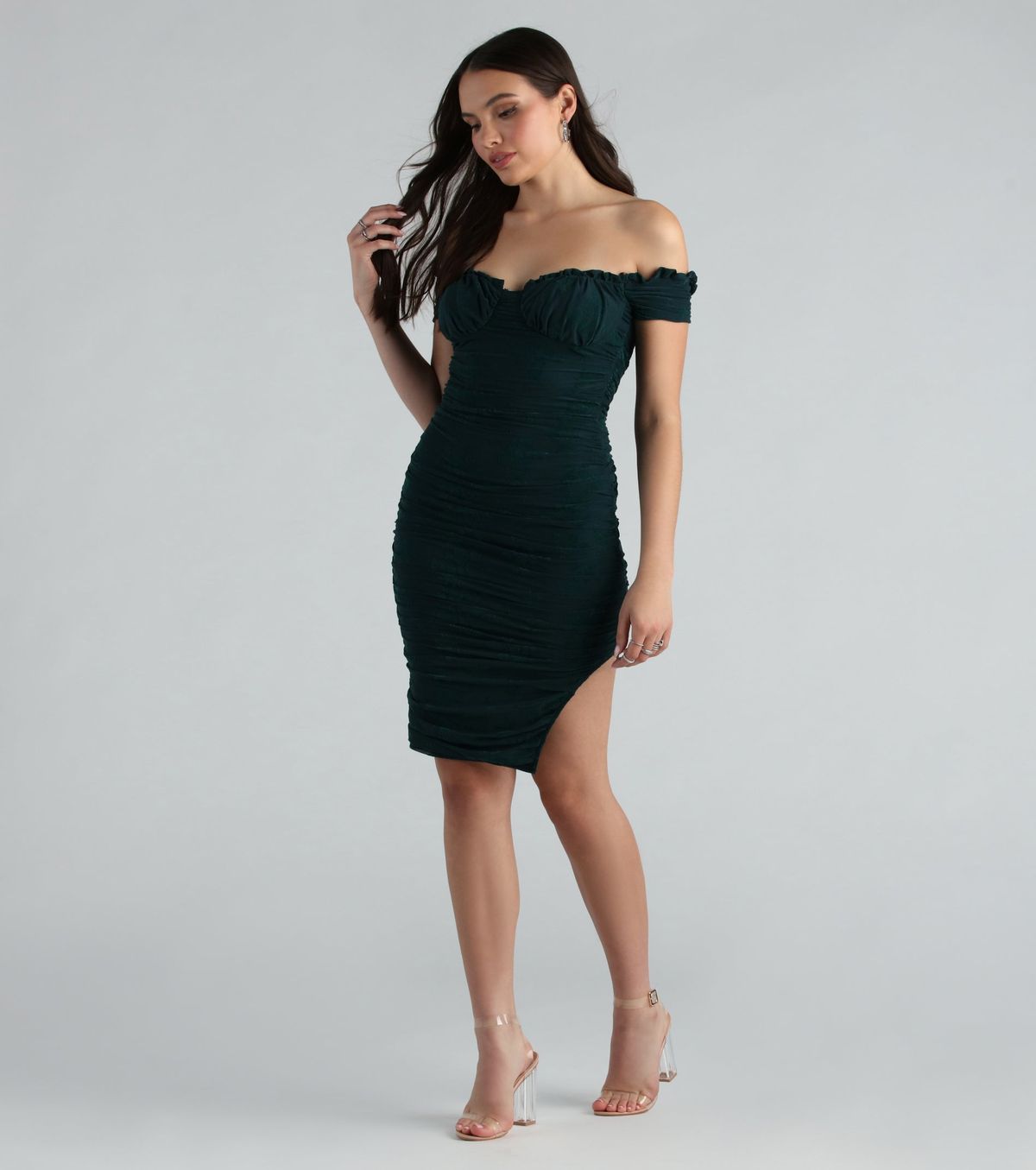 Style 05101-2563 Windsor Size S Prom Off The Shoulder Velvet Green Side Slit Dress on Queenly