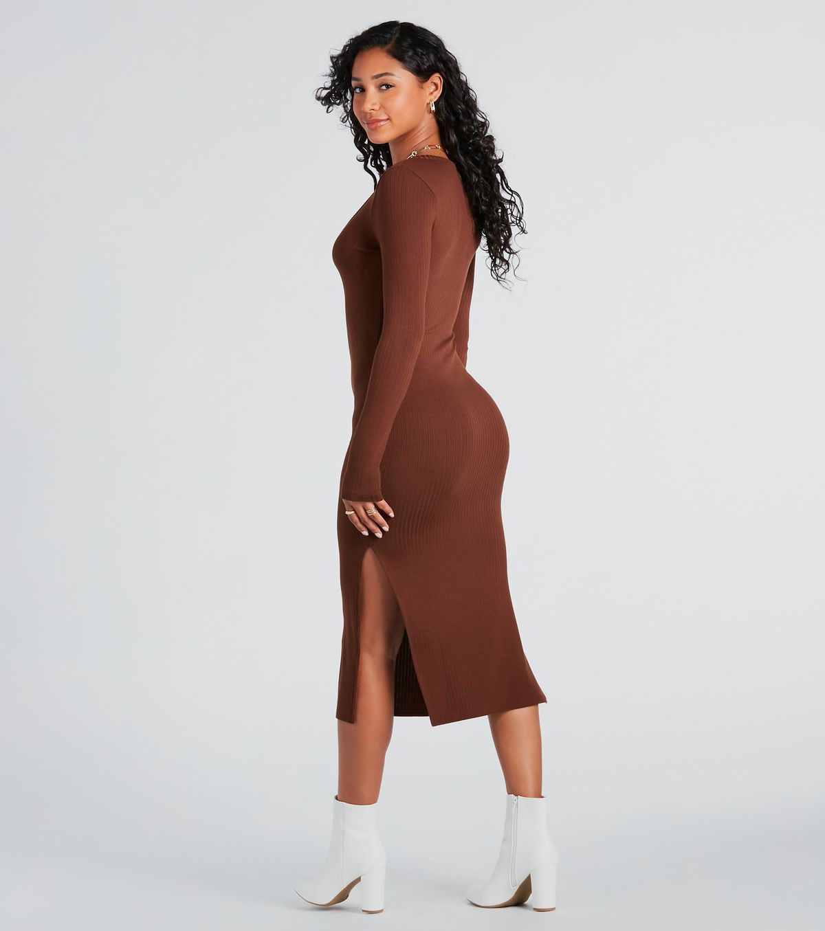 Style 05102-5310 Windsor Size L Long Sleeve Brown Side Slit Dress on Queenly