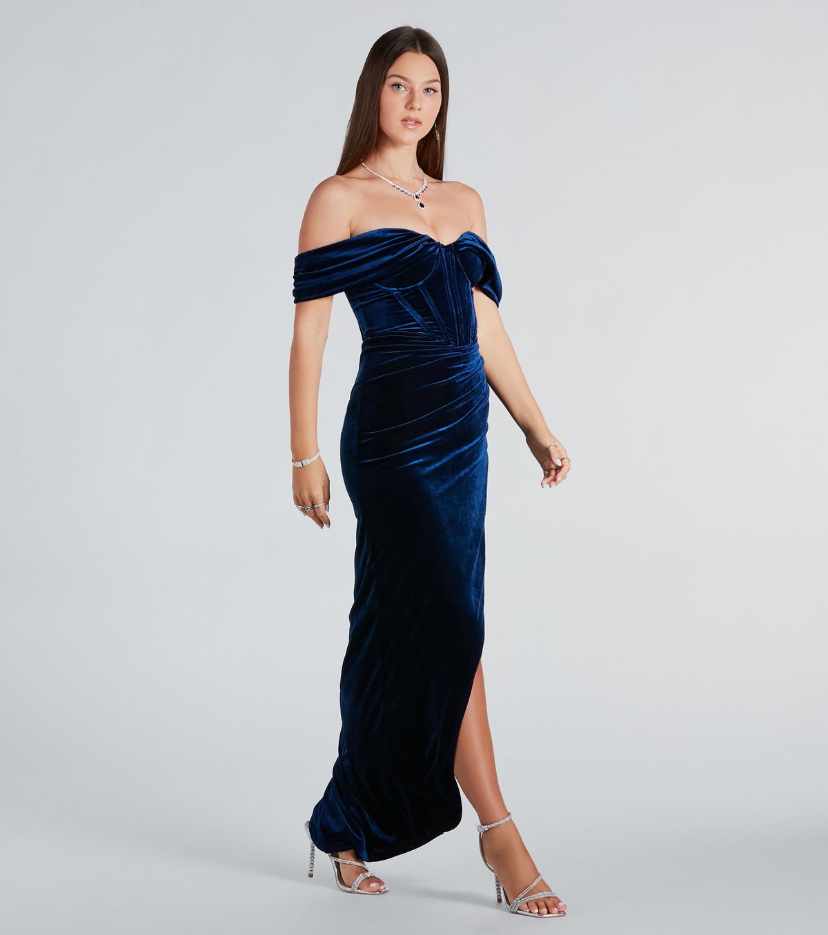 Style 05002-7826 Windsor Size S Bridesmaid Off The Shoulder Velvet Blue Side Slit Dress on Queenly