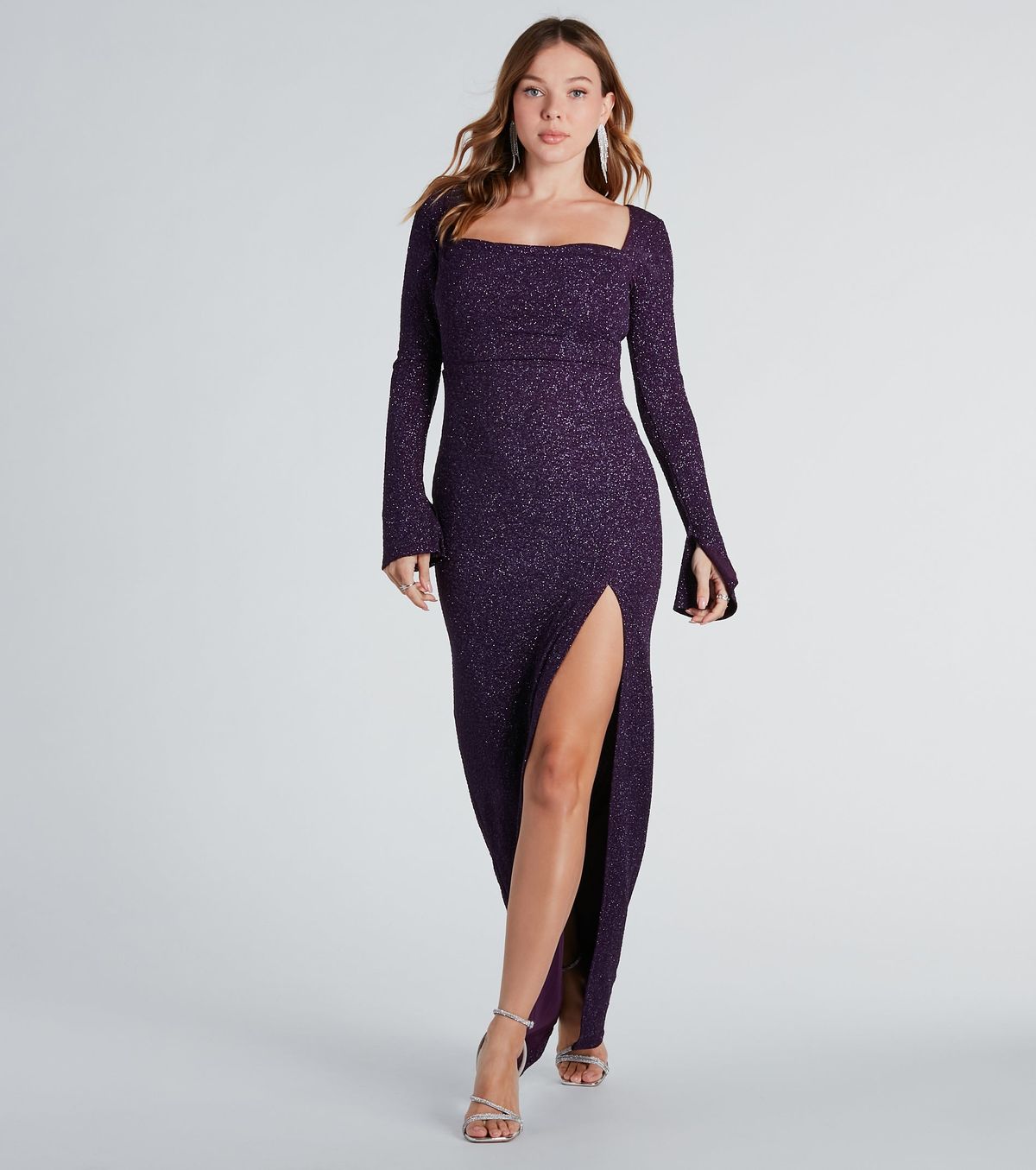 Style 05002-7627 Windsor Size S Bridesmaid Long Sleeve Purple Side Slit Dress on Queenly