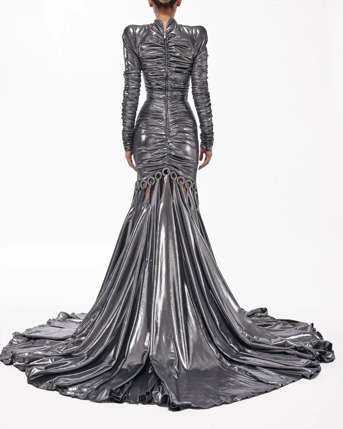 Style metallic-majesty-24-1 Valdrin Sahiti Size M Pageant Silver Mermaid Dress on Queenly