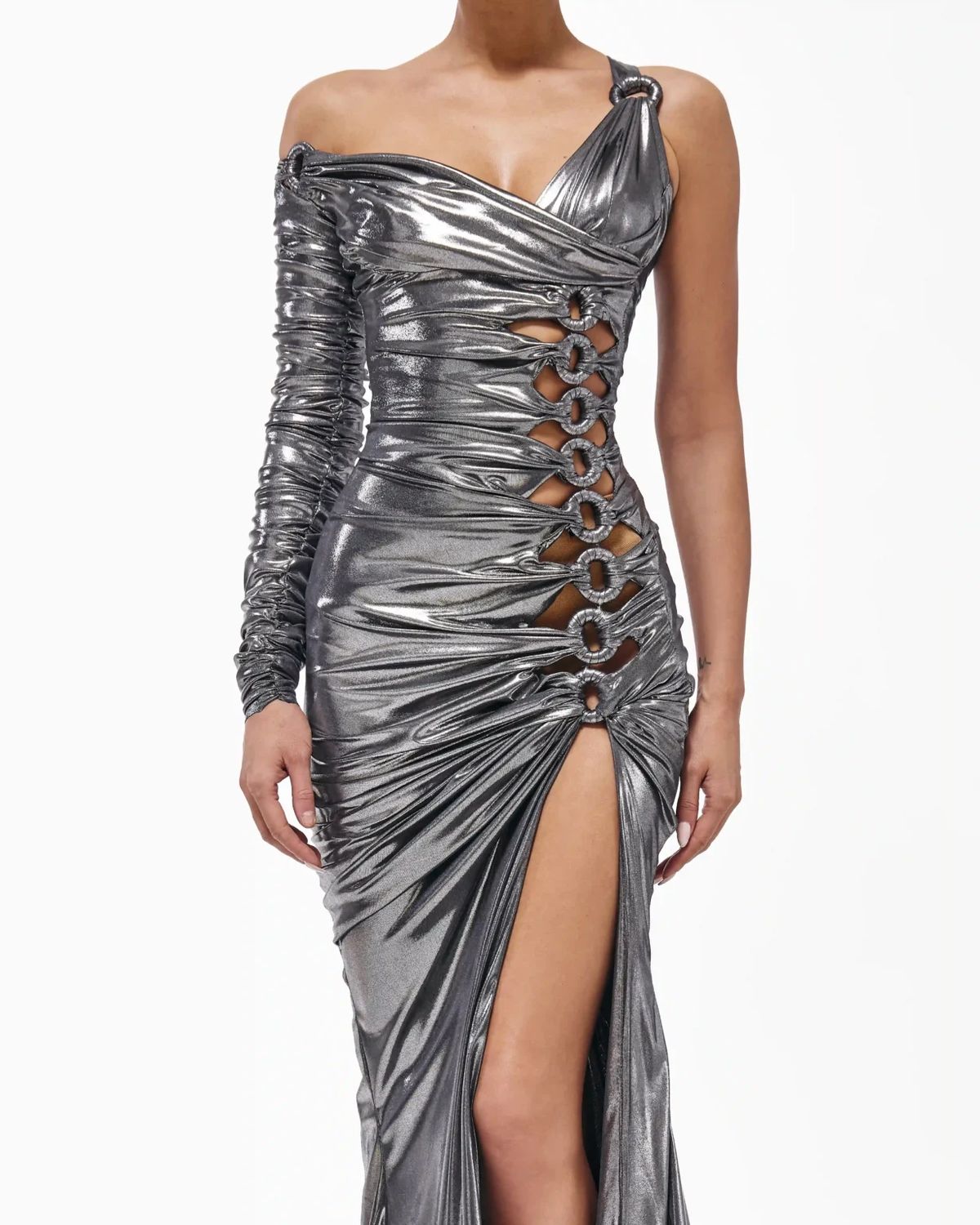 Style metallic-majesty-24-2 Valdrin Sahiti Size XS Pageant Silver Side Slit Dress on Queenly