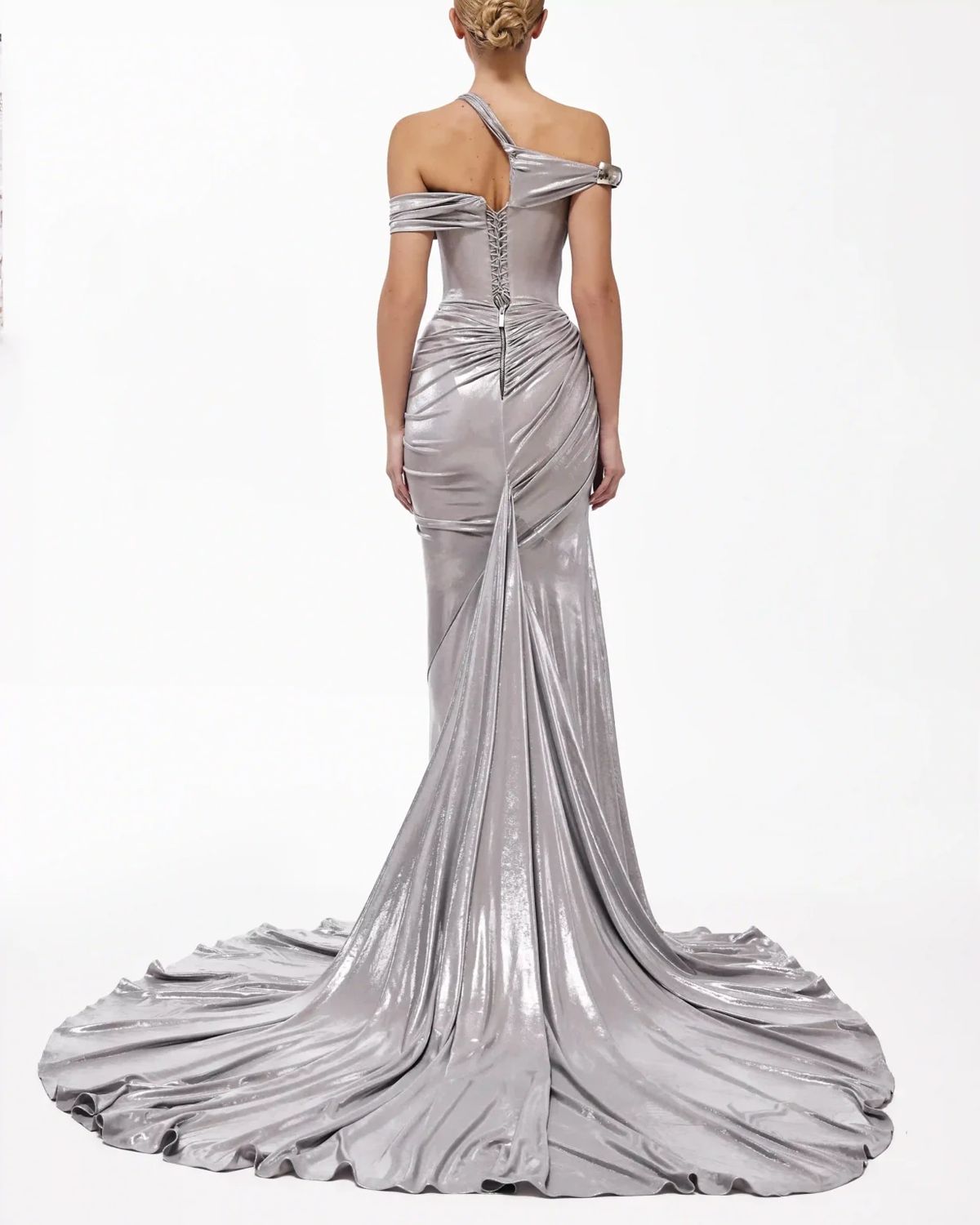 Style metallic-majesty-24-3 Valdrin Sahiti Size XS Pageant Silver Side Slit Dress on Queenly