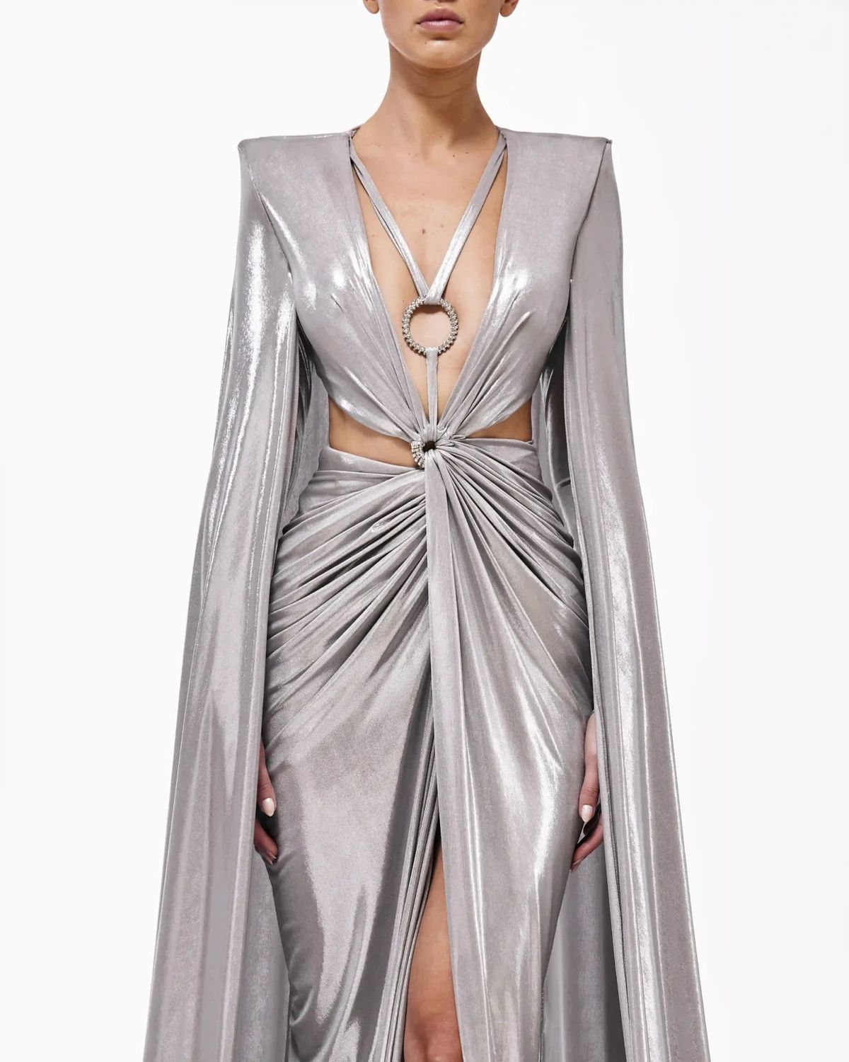 Style metallic-majesty-24-4 Valdrin Sahiti Size L Pageant Silver Side Slit Dress on Queenly
