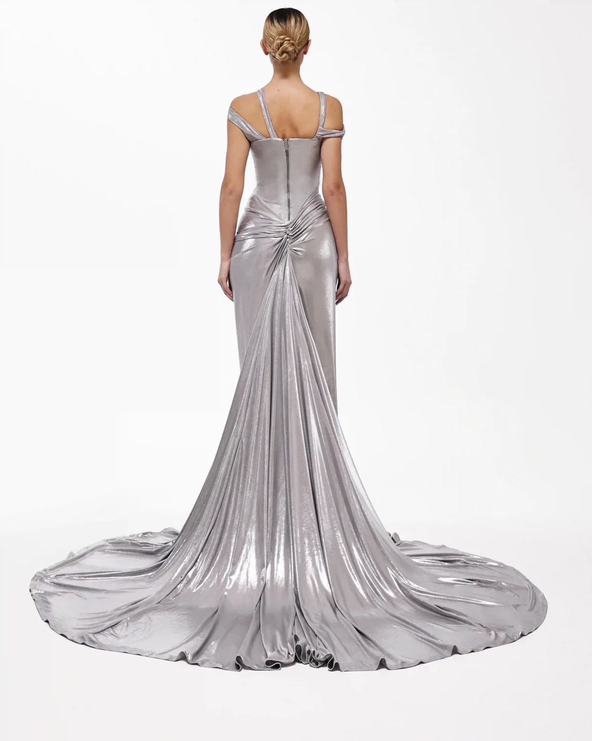 Style metallic-majesty-24-5 Valdrin Sahiti Size L Pageant Silver Side Slit Dress on Queenly