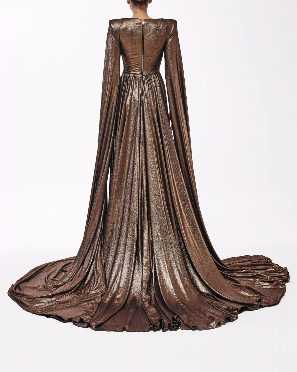 Style metallic-majesty-24-11 Valdrin Sahiti Size M Pageant Gold Side Slit Dress on Queenly