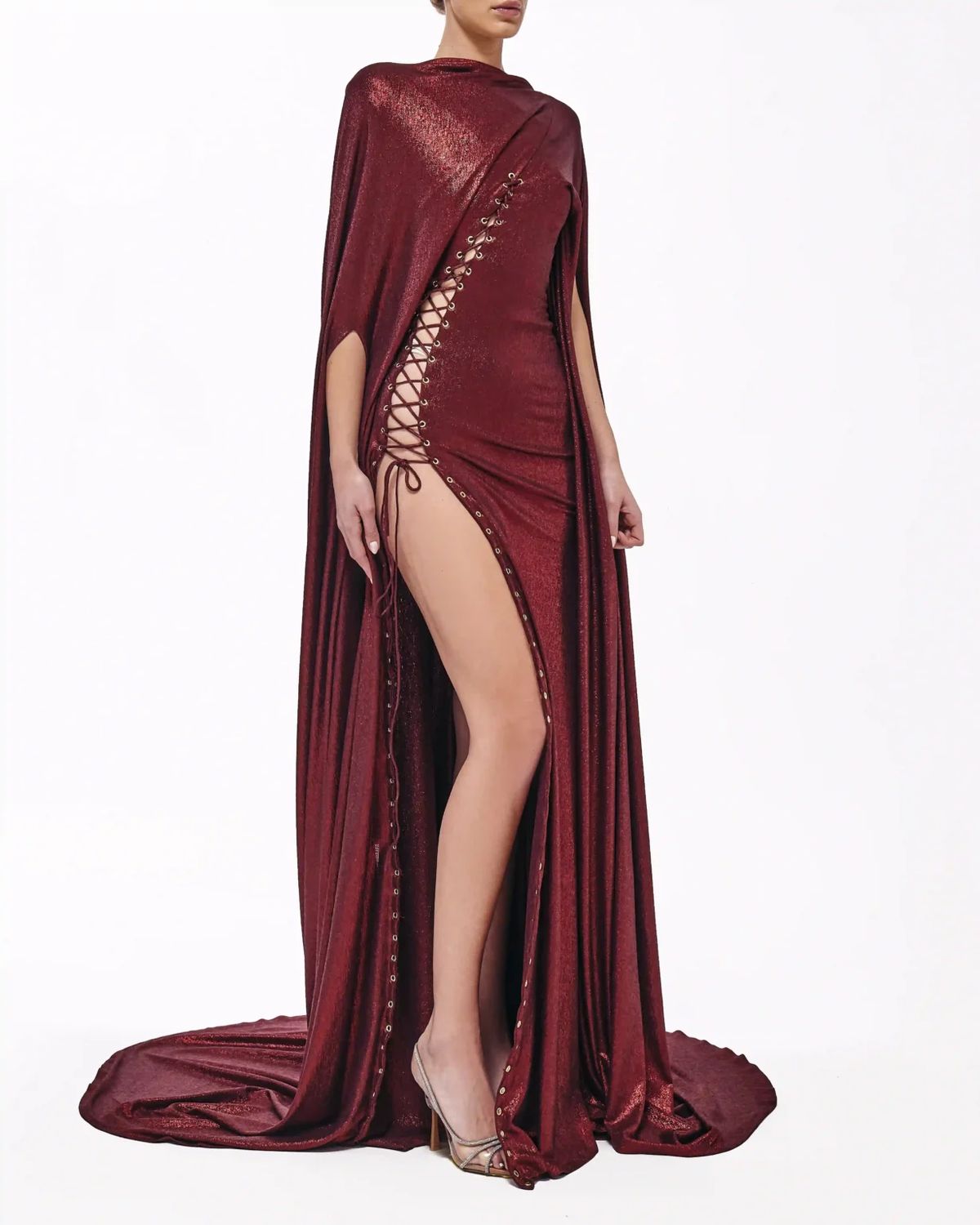 Style metallic-majesty-24-14 Valdrin Sahiti Size S Pageant Red Side Slit Dress on Queenly