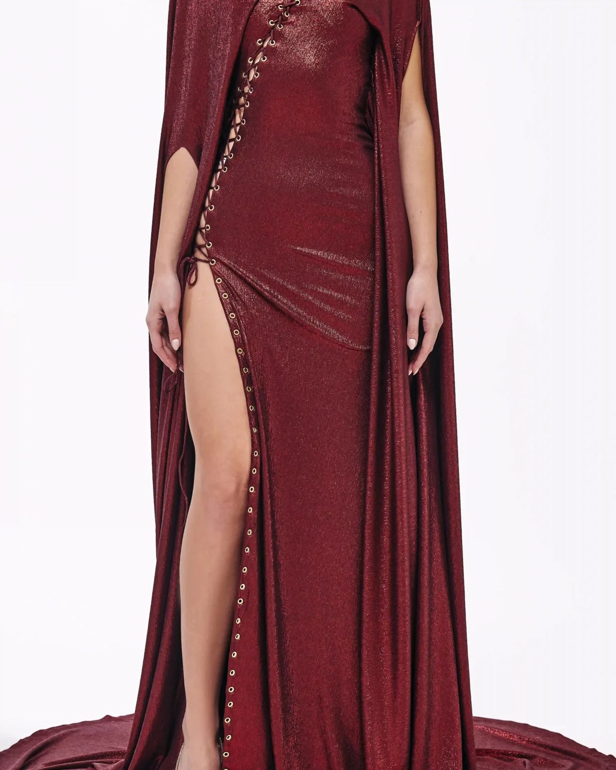 Style metallic-majesty-24-14 Valdrin Sahiti Size M Pageant Red Side Slit Dress on Queenly