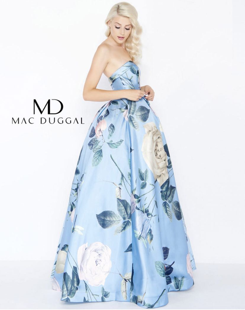 Style 77456 Mac Duggal Size 0 Prom Floral Blue Ball Gown on Queenly