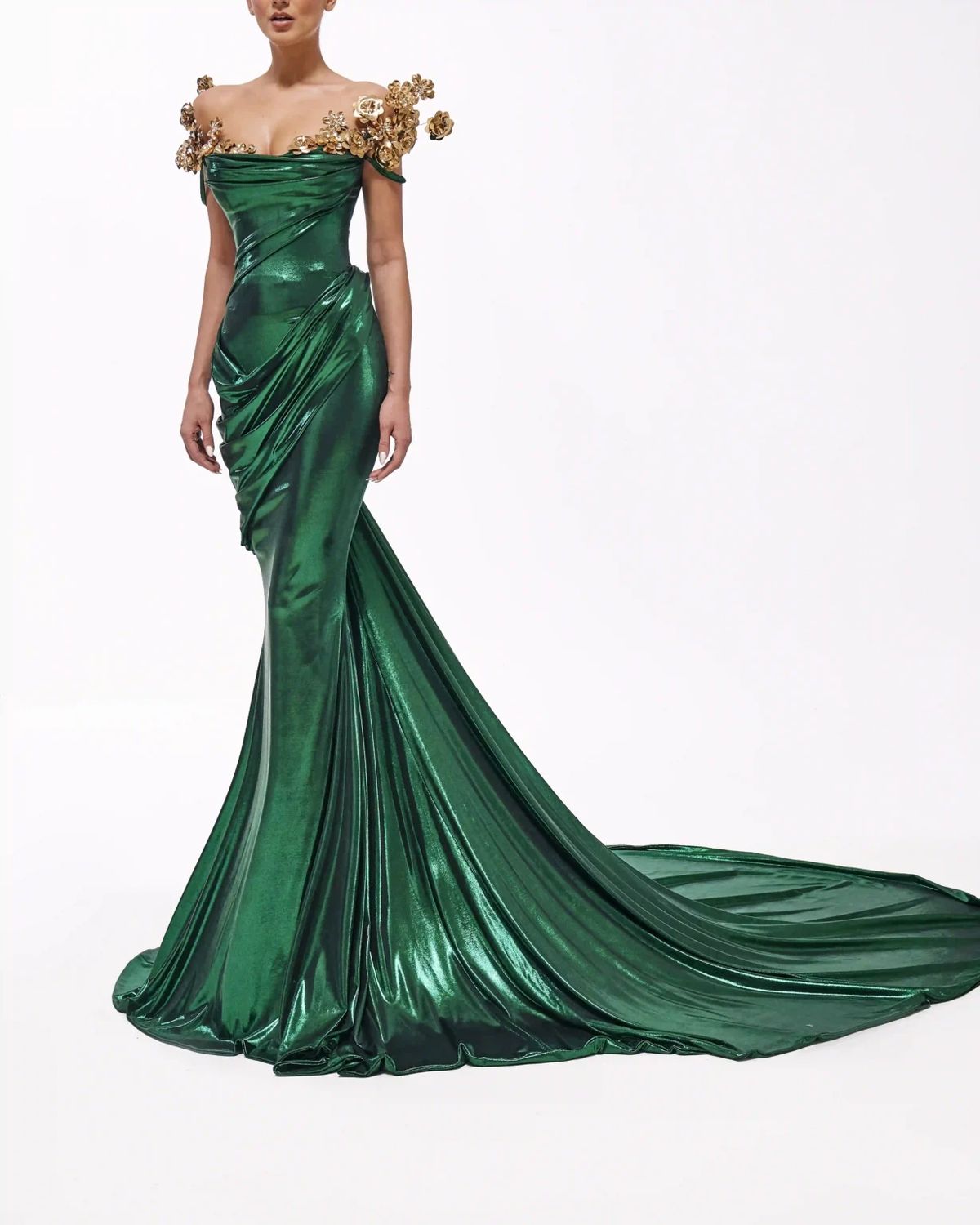 Style metallic-majesty-24-26 Valdrin Sahiti Size L Pageant Green Mermaid Dress on Queenly