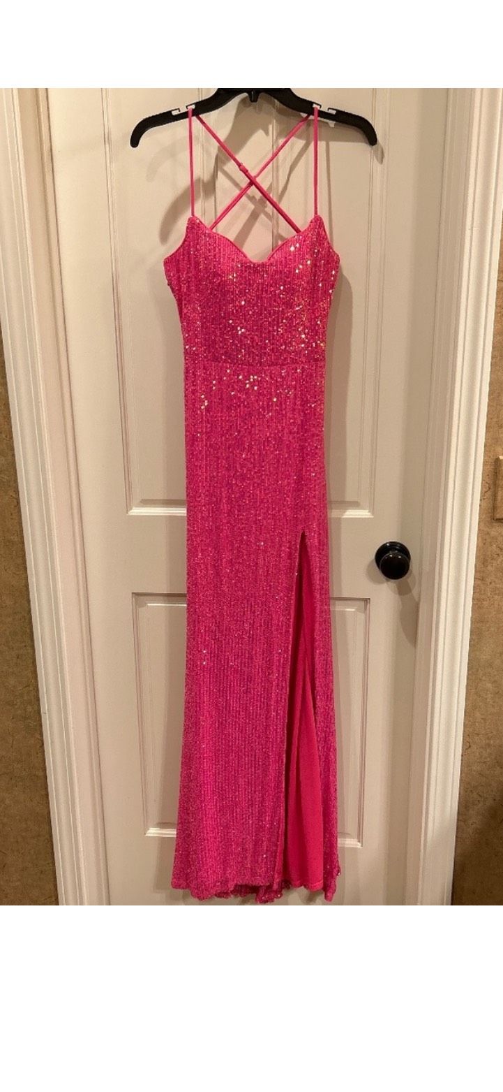 La Femme Size 4 Prom Sequined Hot Pink Side Slit Dress on Queenly