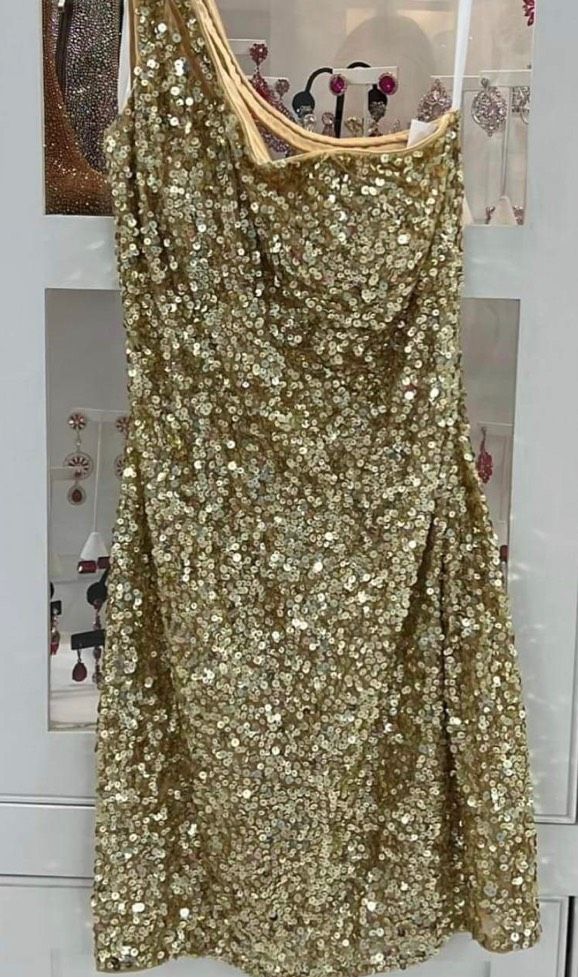 Style PC3573 Primavera Size 8 Prom One Shoulder Gold Cocktail Dress on Queenly