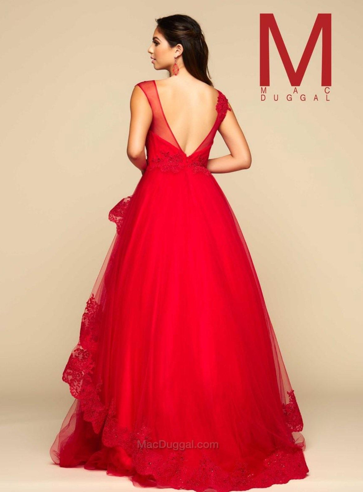 Style 48233H Mac Duggal Size 4 Prom Cap Sleeve Lace Red Ball Gown on Queenly